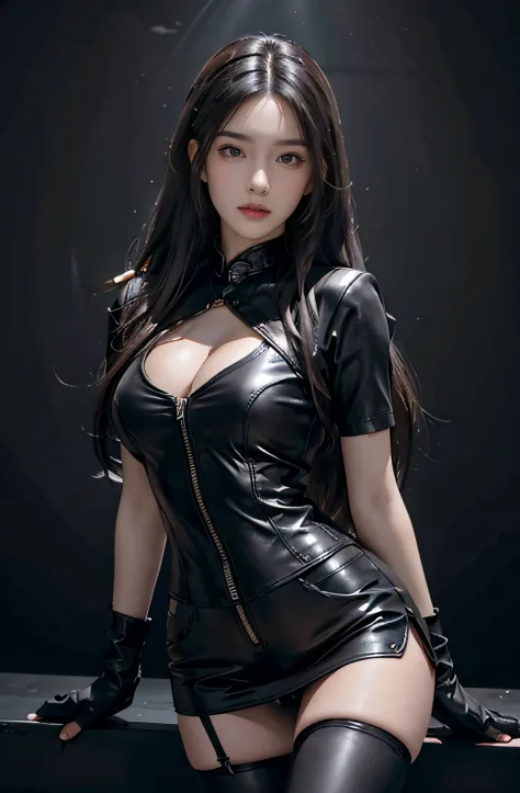 Photorealistic, high resolution, 1woman, Solo, Hips up, view the viewer, (Detailed face), Long hair, wavy hair, black hair, neon highlights in hair , Leather outfit, Stockings, Black Plain background, strong lighting