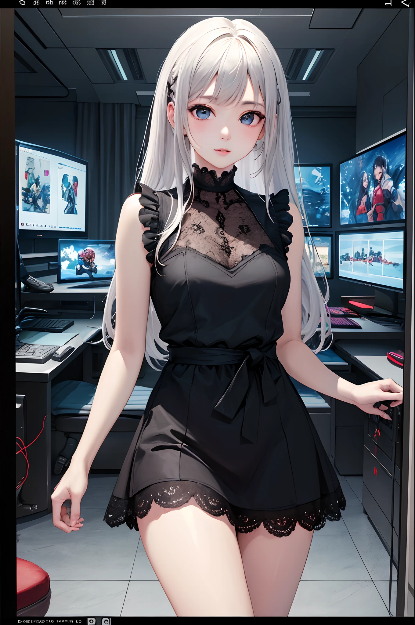 Anime girl in black dress posing in front of a computer - SeaArt AI