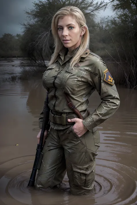 A portrait of a blond female soldier named (sarajay : 1.2) trudging through the mud in a flooded swamp in the vietnam war, holdi...