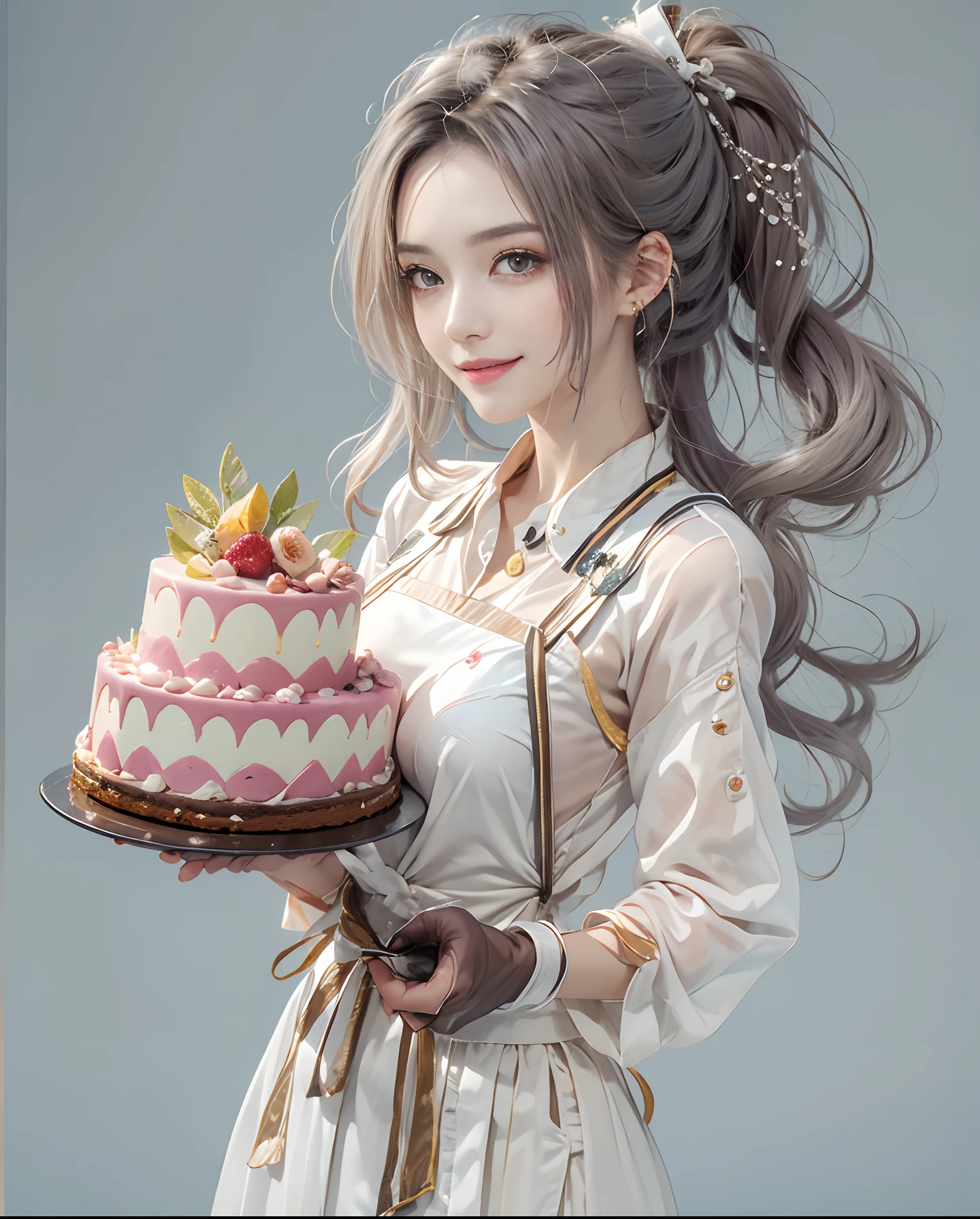 masutepiece、hight resolution、Cake shop、Cake craftsman、30-year-old girl、Smiling at the camera、Finish as shown in the photo、the skin is white and beautiful、inner colored、Hair should be tied back、A slender、耳Nipple Ring、