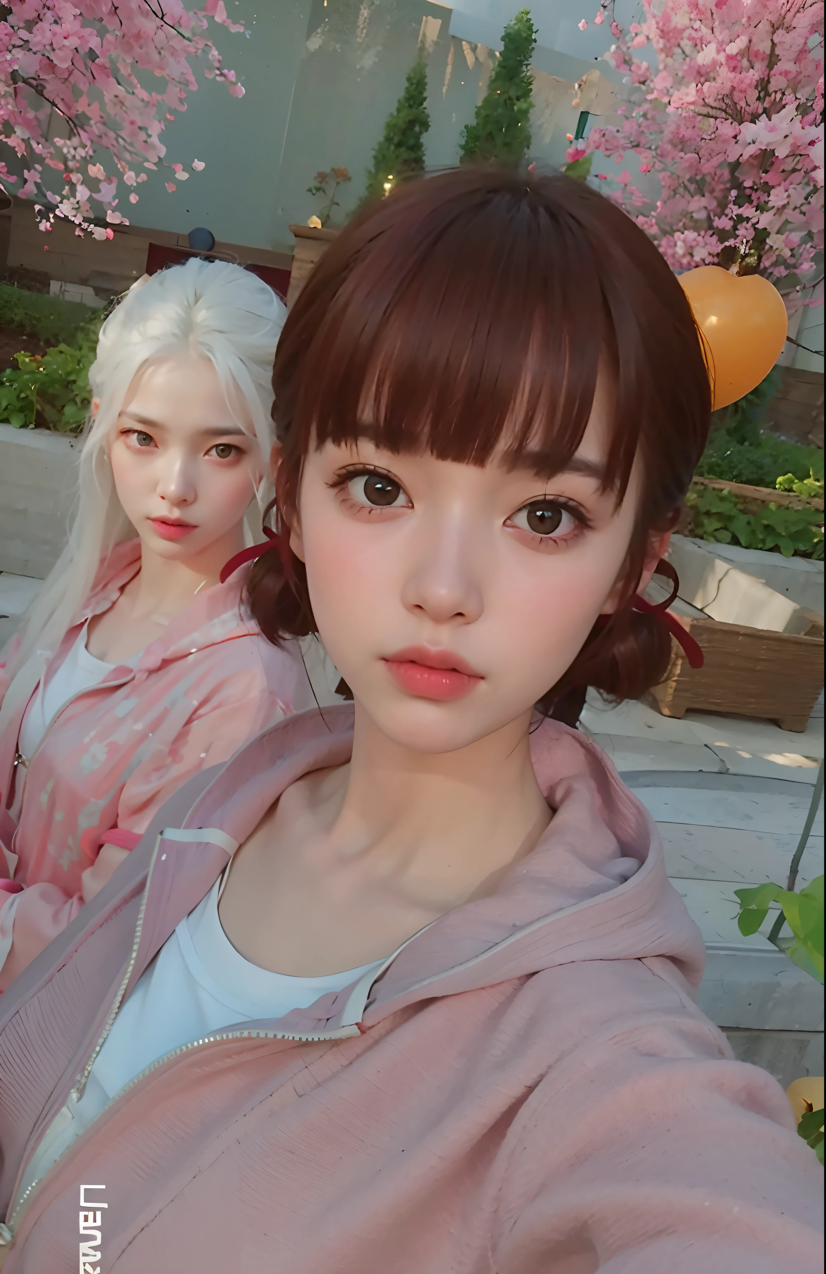 Two girls with white hair and pink clothes posing for a picture - SeaArt AI