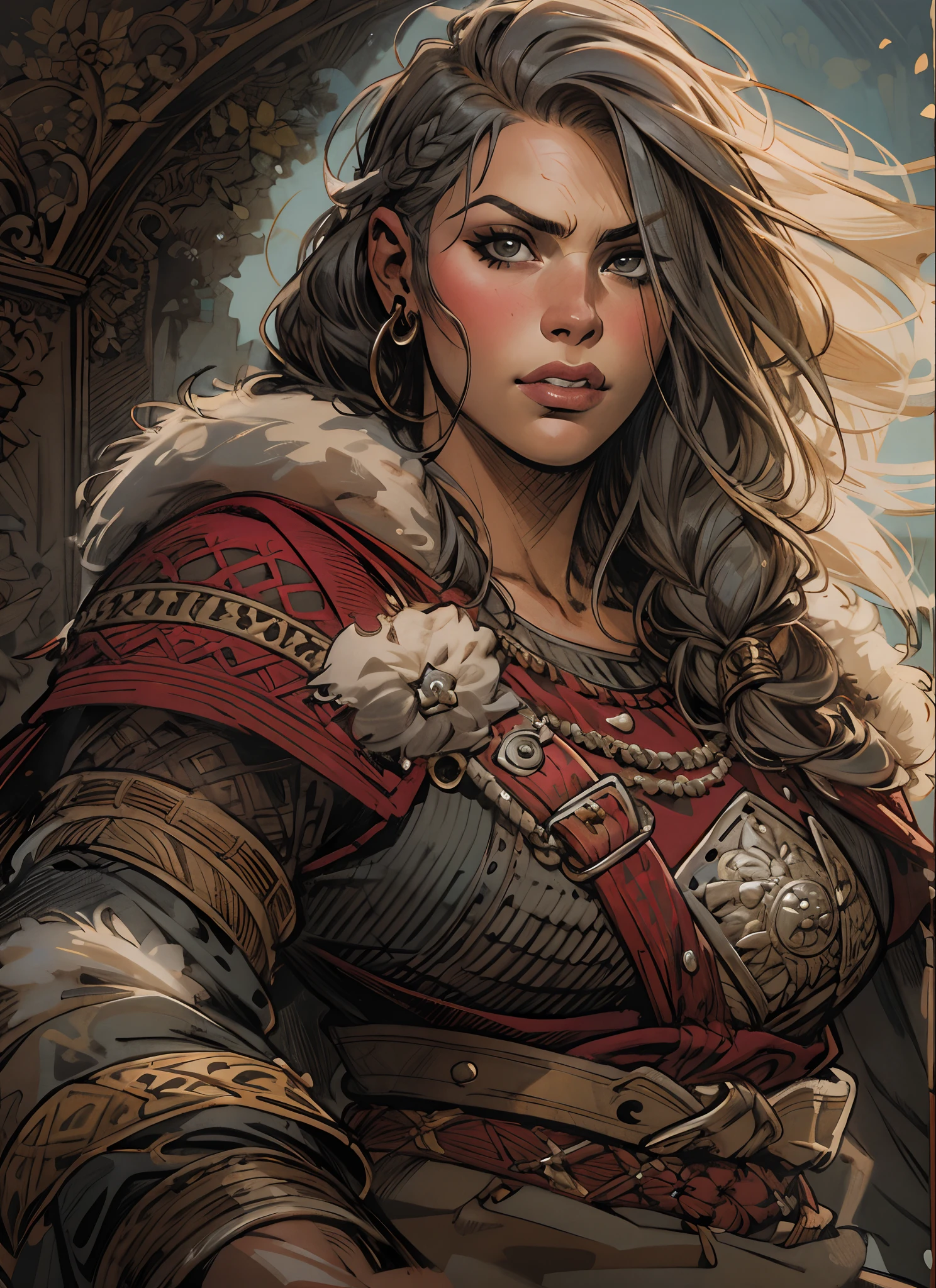 une jolie femme, guerrier viking, couverture de fourrure, armure, cheveux blonds, cheveux ondulés, (étroitement, Prise de vue de portrait), (seulement), réaliste, Profondeur de champ,Détaillant furtastique,nijistyle