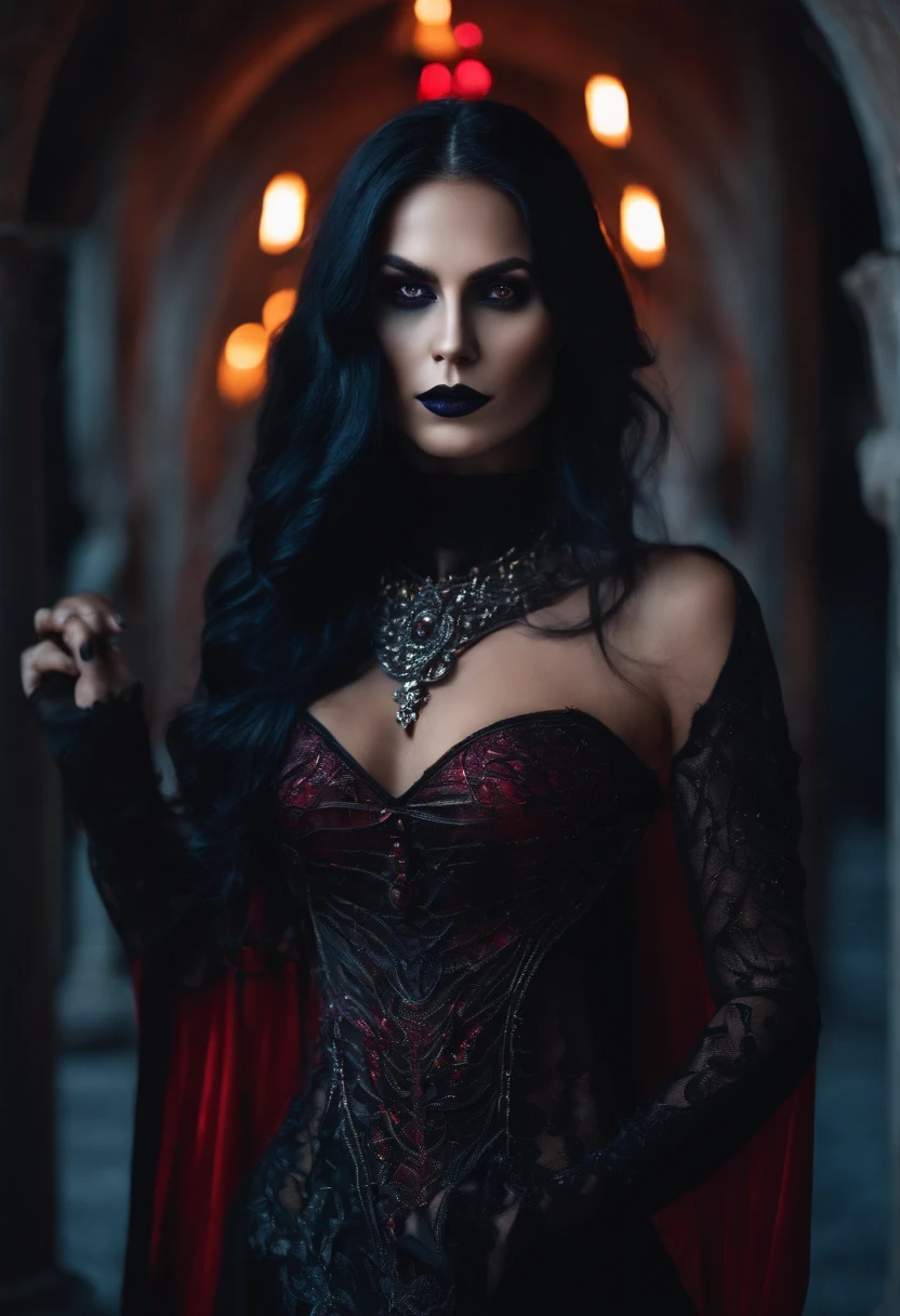 女性, 長い濃い紫色の髪, 明るい光が当たる赤い目, 黒のロングオープンドレス, 魔女, 肋骨の形をした銀のジュエリー, 顔の半分に金属マスク, 黒い口紅