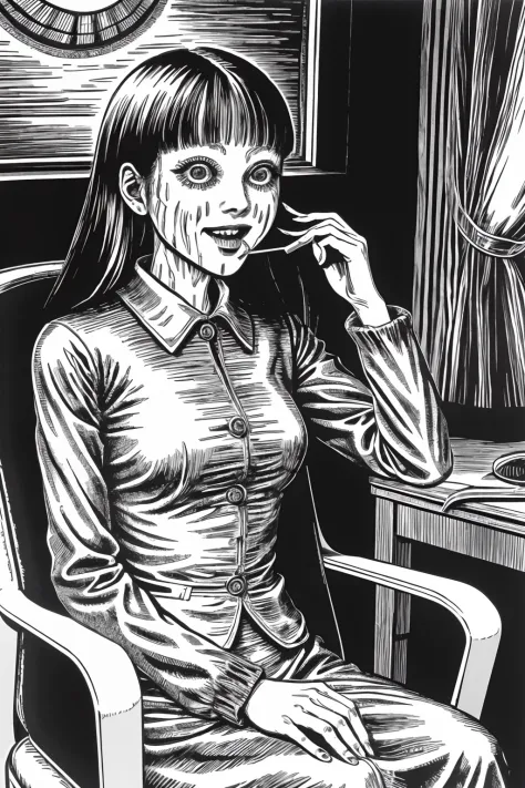 woman, creepy smile, eating lollipop, sitting in chair, disgusting, creepy, nightmare, disturbing, by junji ito,