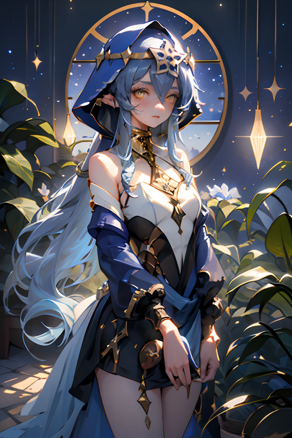 1girl solo, layla, yellow eyes, very long blue hair, blue hood, bare shoulders, detached sleeves, blue dress, white top, golden collar, golden accessories, in a greenhouse at night, glass greenhouse, big plants and flowers, night sky with stars