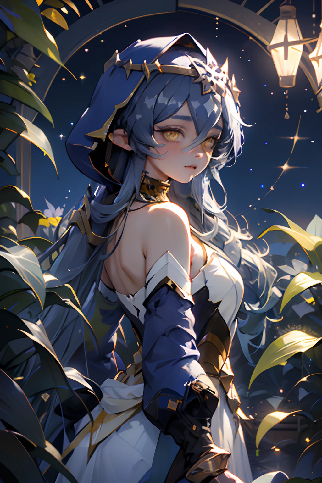 1girl solo, layla, yellow eyes, very long blue hair, blue hood, bare shoulders, detached sleeves, blue dress, white top, golden collar, golden accessories, in a greenhouse at night, glass greenhouse, big plants and flowers, night sky with stars