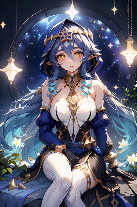 1girl solo, layla, yellow eyes, very long blue hair, blue hood, bare shoulders, detached sleeves, blue dress, white top, golden ...