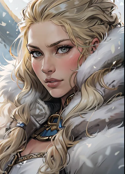 beautiful woman, viking warrior, fur cloak, armor, blonde hair, wavy hair, (closeup, portrait shot), (solo), realistic, depth of...