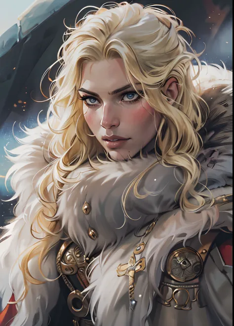 beautiful woman, viking warrior, fur cloak, armor, blonde hair, wavy hair, (closeup, portrait shot), (solo), realistic, depth of...