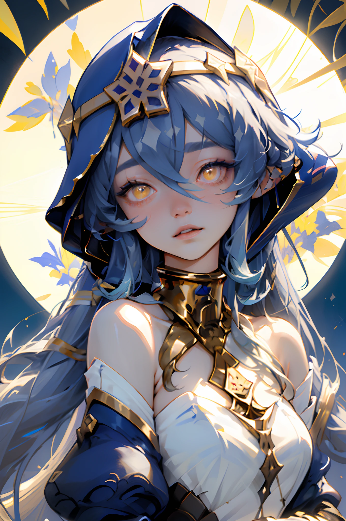 1girl solo, layla, yellow eyes, very long blue hair, blue hood, bare shoulders, detached sleeves, blue dress, white top, golden collar, golden accessories, in a greenhouse at night, glass greenhouse, big plants and flowers, ((portrait face closeup))