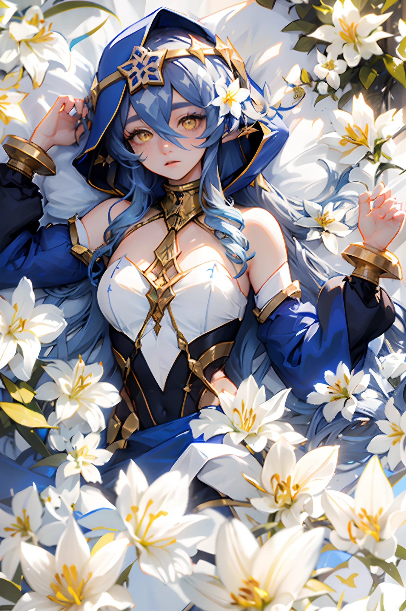 1girl solo, layla, yellow eyes, very long blue hair, blue hood, bare shoulders, detached sleeves, blue dress, white top, golden collar, golden accessories, laying in bed full of white lilies, white flowers, many flowers in her hair