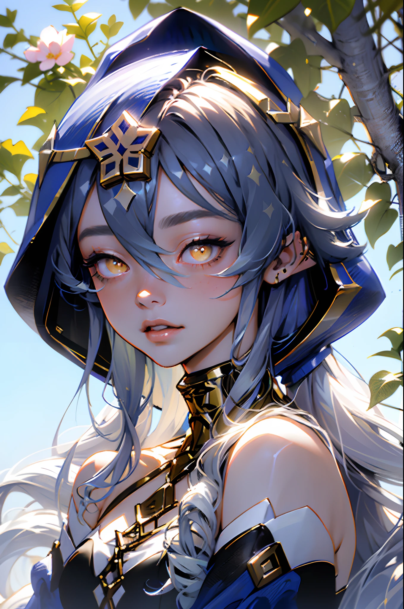 1girl solo, layla, yellow eyes, very long blue hair, blue hood, bare shoulders, detached sleeves, blue dress, white top, golden collar, golden accessories, in a garden of hydrangea flowers, ((portrait face closeup))
