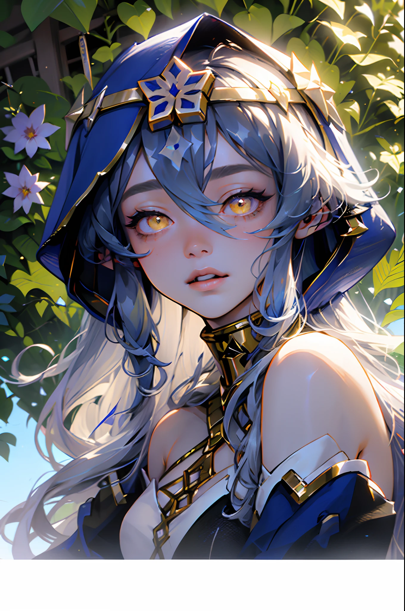 1girl solo, layla, yellow eyes, very long blue hair, blue hood, bare shoulders, detached sleeves, blue dress, white top, golden collar, golden accessories, in a garden of hydrangea flowers, ((portrait face closeup))