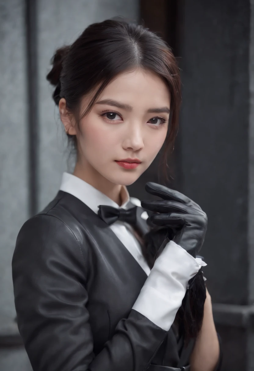 Black leather gloves, black suit, black hair, ponytail, Japanese girl, ribbon tie blouse, upper half