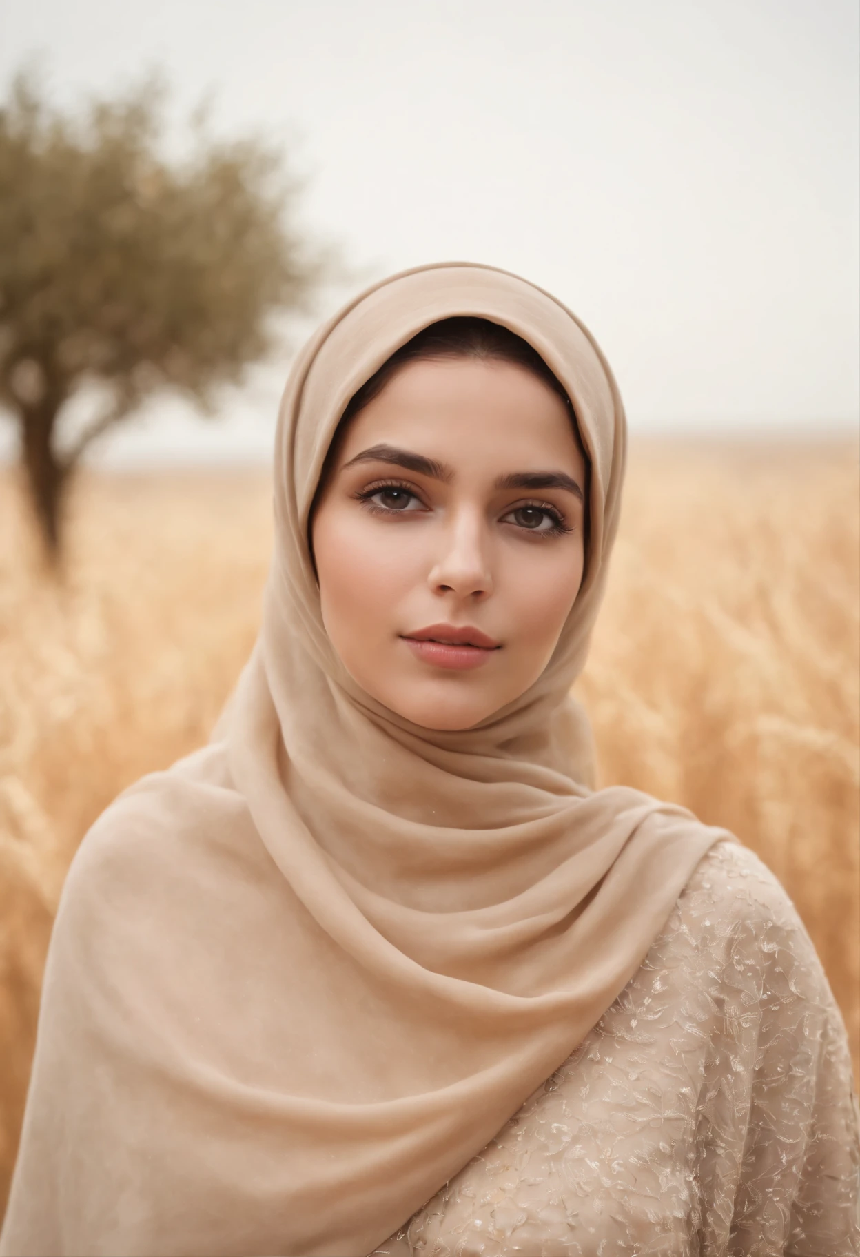 Une femme dans un hijab beige se tient dans un champ de blé - SeaArt AI