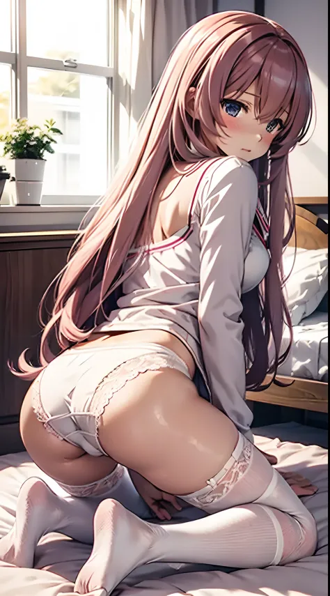 Ichinose Honami, on bed, tights, hot ass, ((white lace panties)) on knees, ((from behind))