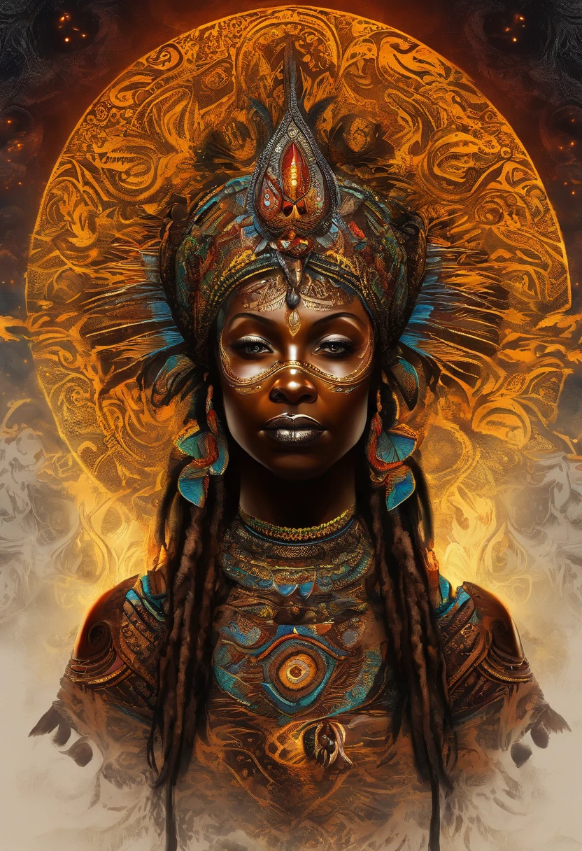 A woman with dreadlocks and a headdress in a golden background - SeaArt AI