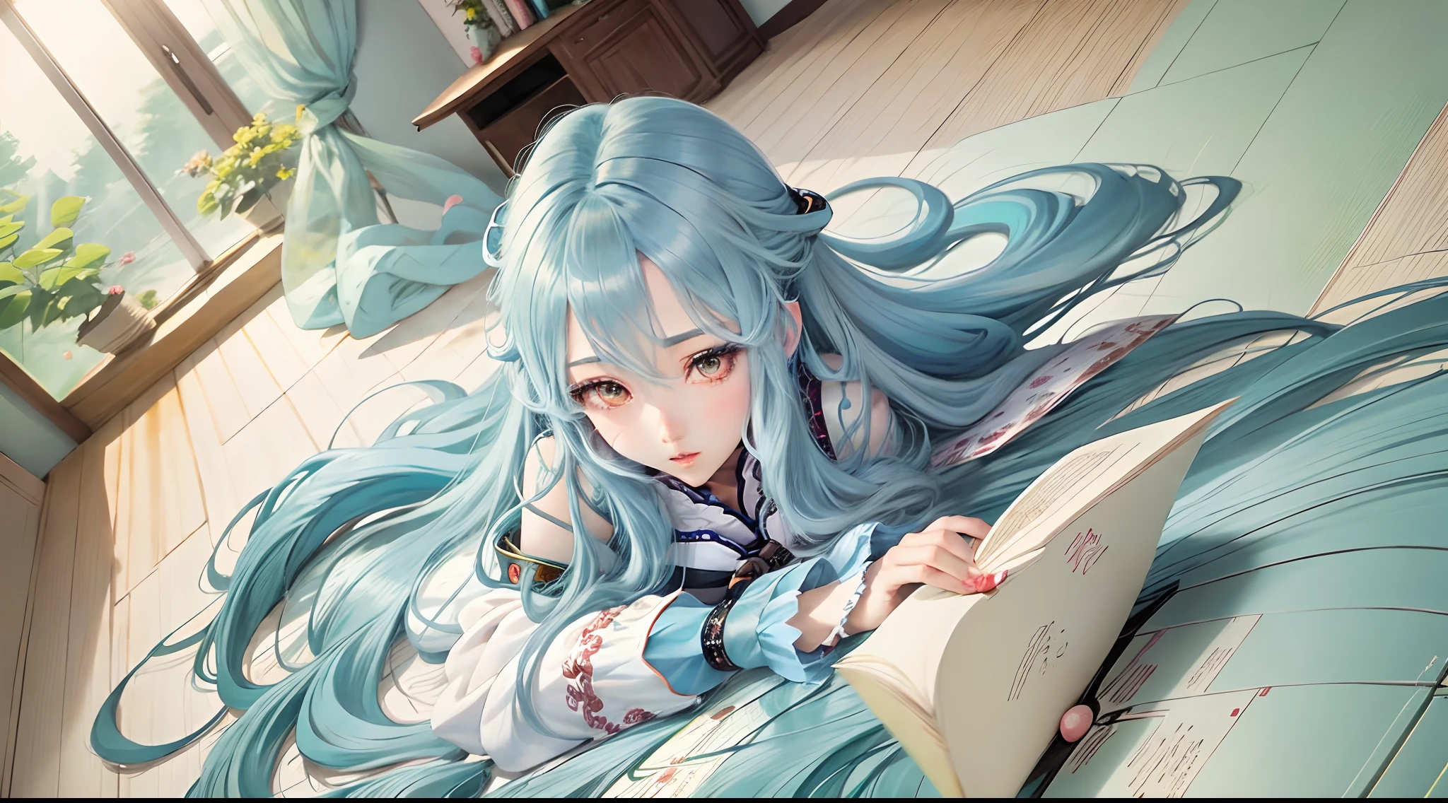 Anime girl with blue hair laying on a bed reading a book - SeaArt AI