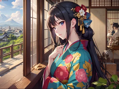 ((Finest quality)),(超A high resolution),(ultra-detailliert),(Meticulous portrayal),((Best Anime)),(Finest works of art),sharpnes,Clair, (Woman in Japan kimono), Gaze at beautiful little birds
