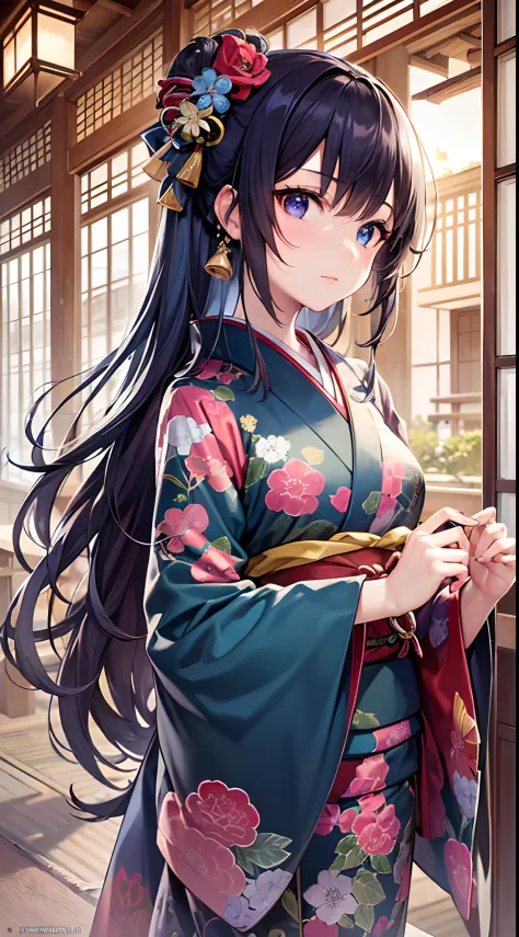 ((Finest quality)),(超A high resolution),(ultra-detailliert),(Meticulous portrayal),((Best Anime)),(Finest works of art),sharpnes,Clair, (Woman in Japan kimono), Admire the beautiful little birds