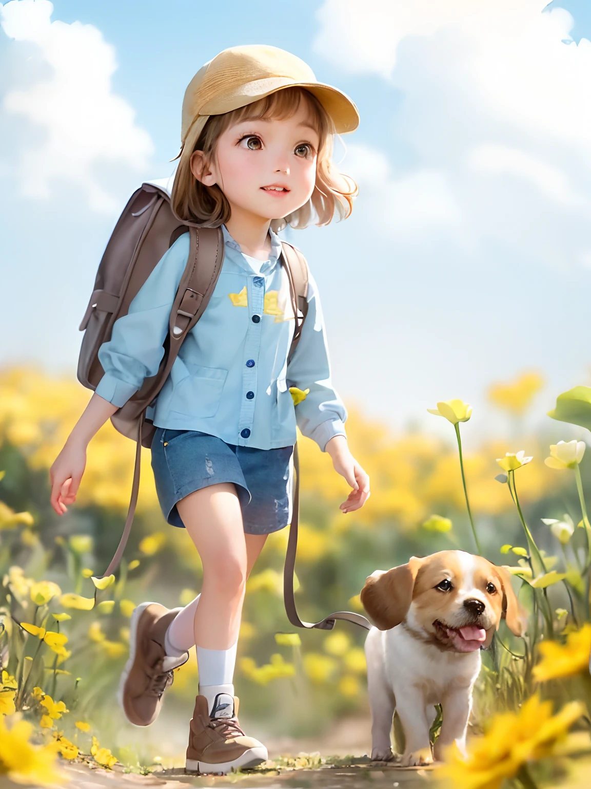 Tip: A very charming  with a backpack and her cute puppy enjoying a lovely spring outing surrounded by beautiful yellow flowers and nature. The illustration is a high-definition illustration in 4k resolution, featuring highly detailed facial features and cartoon-style visuals.