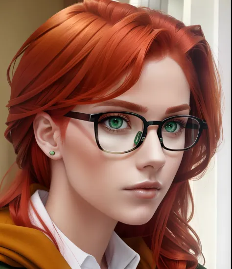 redhead with glasses, green eyes, serious