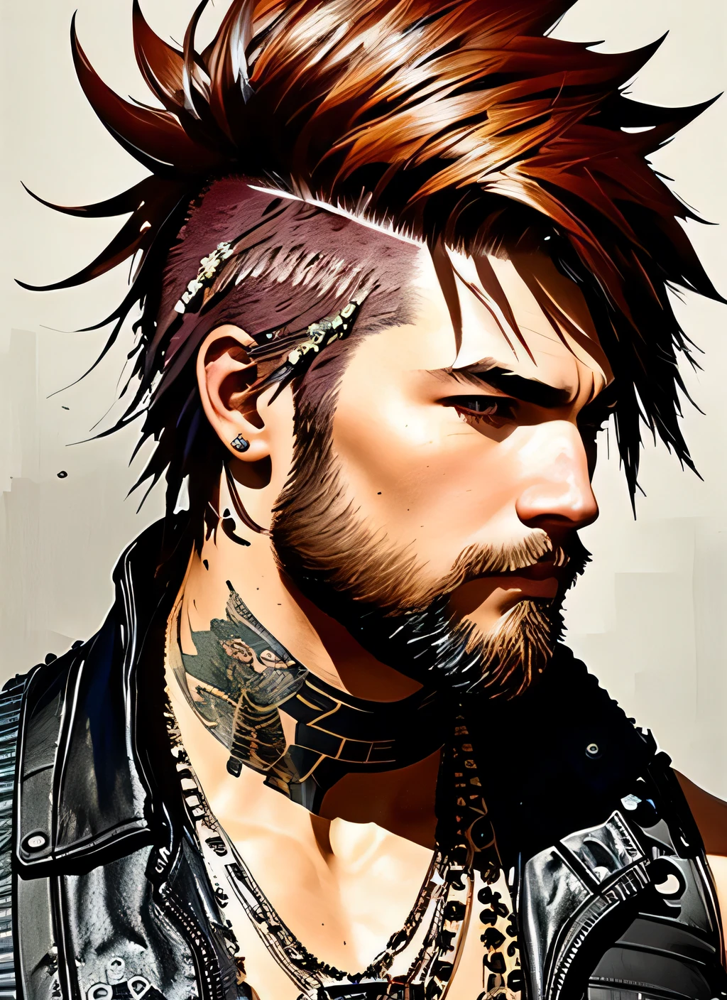 style swpunk,
Un superbe portrait complexe en couleur d&#39;un homme grisonnant avec un faux faucon noir souriant,
porter un gilet en cuir noir,
composition de personnages épique,
traits épais avec des éclaboussures de peinture,
par Ilya Kuvshinov, alessio albi, nina masic,
netteté, Éclairage naturel, diffusion souterraine, F2, 35mm, grain de film