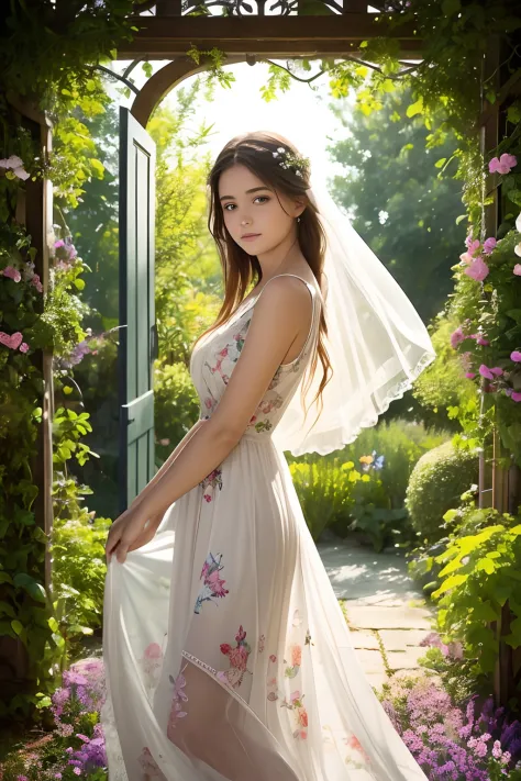 the girl in the garden,illustartion,detailed flowers,beautiful sunlight,best quality,ultra-detailed,realistic,portrait style,bri...