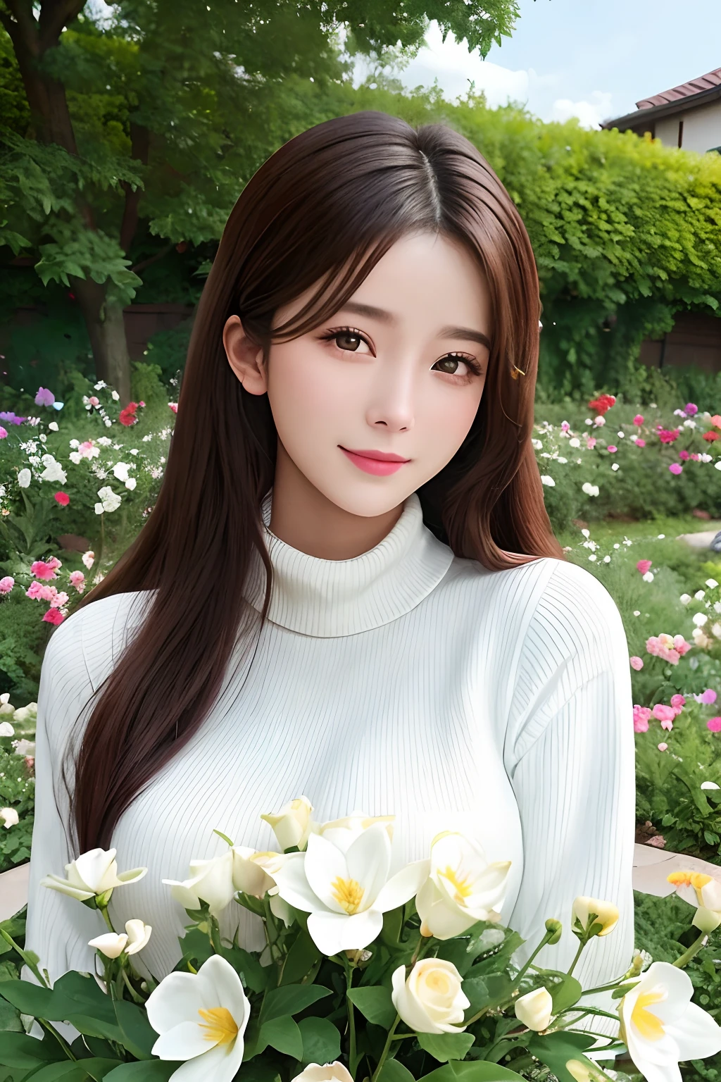 masterpiece,DSLR photo,analog style,nikon d5,real photo,a photo of a beautiful 20 year old woman,dramatic lighting (85mm),with Blooming garden in the background,(detailed facial features),(detailed shiny eyes),dynamic angle,Michelangelo style,long hair,turtleneck sweater,smiling face:1.4,