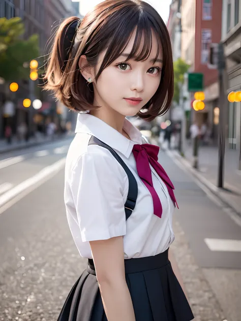 tmasterpiece，top-quality，offcial art，Highly detailed CG Unity 8K wallpapers，Like a schoolgirl，Very delicate beautiful，超A high resolution，（realisticlying：1.4），Golden Hour Lighting，（The upper part of the body），（Platinum Shorthair：0.8），（Puffy eyes），looking at...