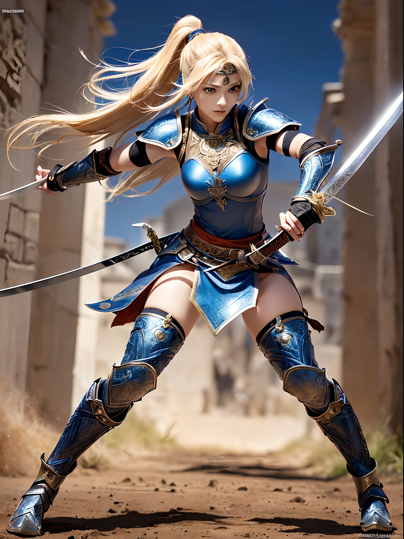 ((Finest quality)),(超A high resolution),(ultra-detailliert),(Meticulous portrayal),((Best Anime)),(Finest works of art),sharpnes,Clair, (Dual-wielding female warrior with two swords, one large and one small:1.5),(Leather armor:),Dynamic poses,full body seen:1.6, A desert:1.4,The Bright Sun:1.6