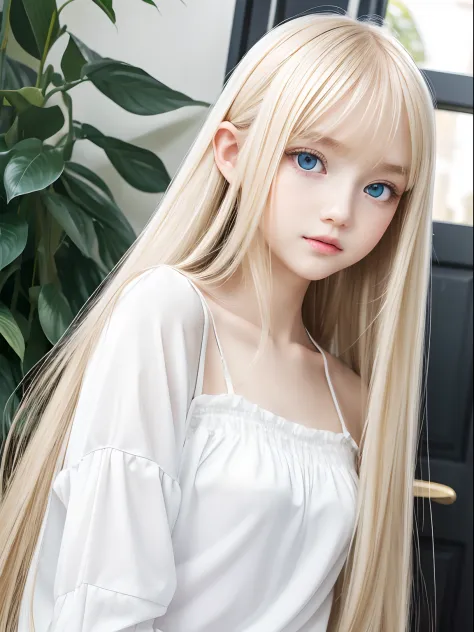 Shiny super long straight hair、Blonde girl posing with white top、Real life girls、Bangs hanging on the face、14 year old beautiful girl with baby face、Beautiful dazzling bright blonde girl、very beautiful big pale blue eyes、pronounced large double eyelids,、Pu...