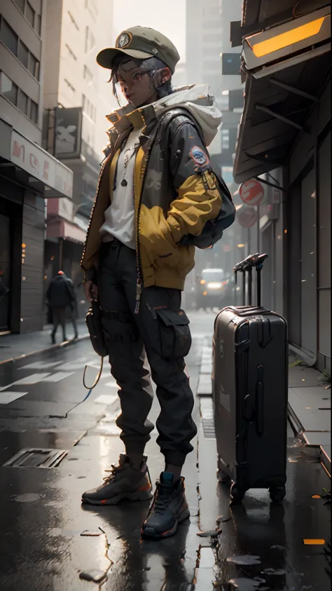 ((Best quality)), ((masterpiece)), 3D, cyberpunk guy with cap and tech wear, nijiloraeagle, khaki jacket, khaki cargo pants, HDR...