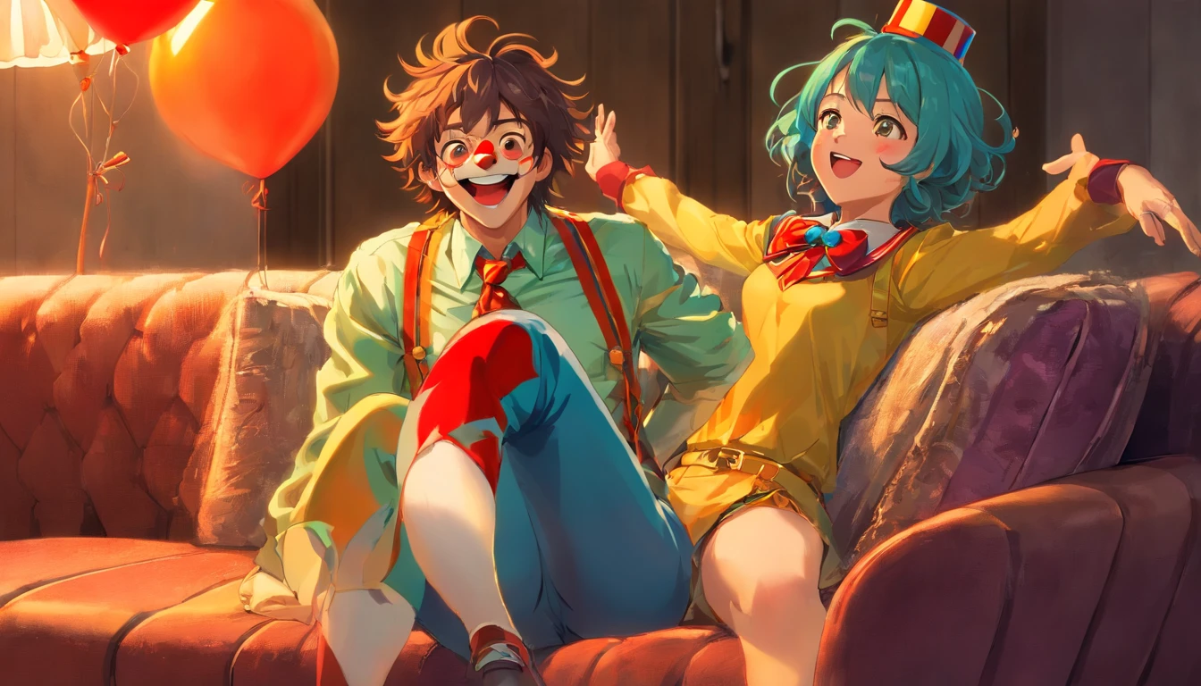 Two anime characters sitting on a couch with balloons in the air - SeaArt AI