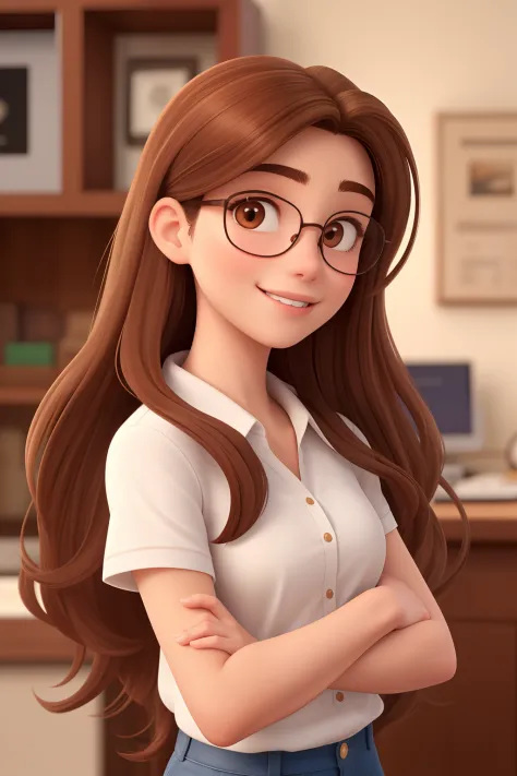 An 18-year-old woman, with long brown hair, round face, charming smile, and brown eyes, wearing glasses.