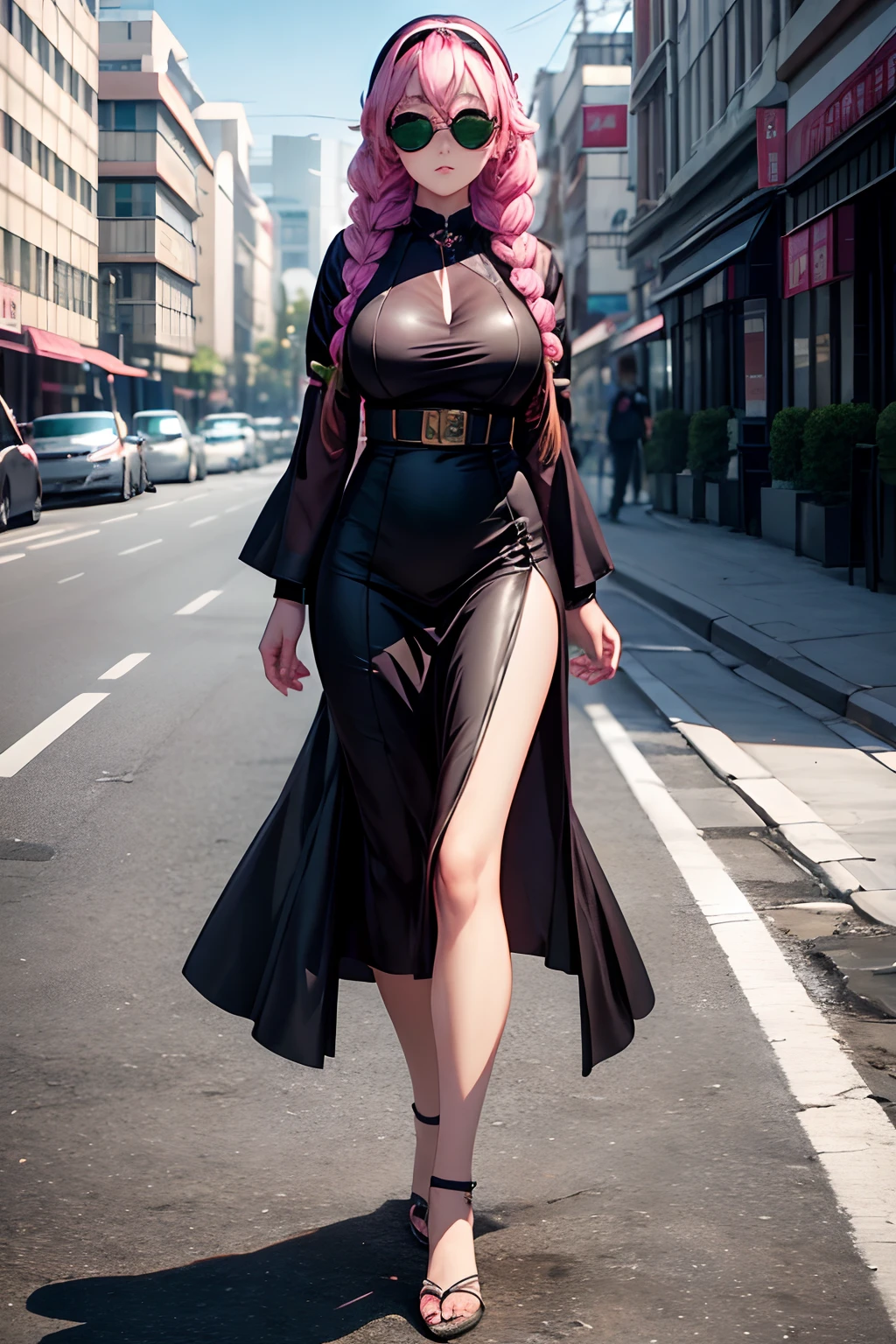 1girll, Long pink and green, White headband, medium  breasts, big hips, Beautiful Legs, Perfectly detailed, She wears a black evening dress with a high hip slit that shows the leg ,Black sunglasses, She's a shy girl., Walking in the street