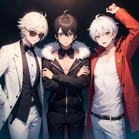 three boys, One of them wears a backwards cap and has black hair, em estilo anime. One of them wears a white suit and white pant...