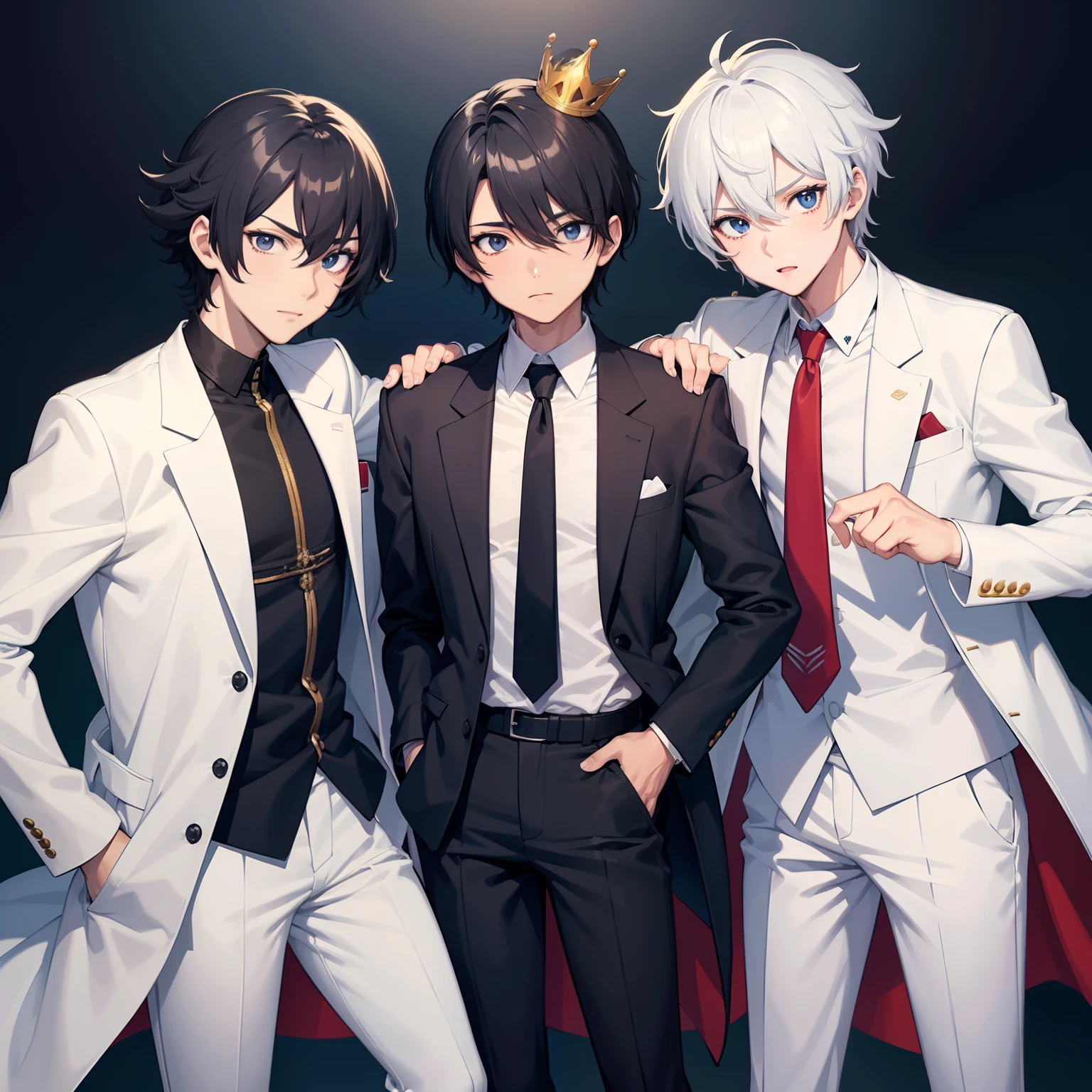 three boys, One of them wears a backwards cap and has black hair, em estilo anime. One of them wears a white suit and white pants with black sneakers and has white hair, em estilo anime. another wears an open white coat and on his head has a crown and on his face has sunglasses and has blond hair. personagem estilo anime, como um personagem de anime,  anime.