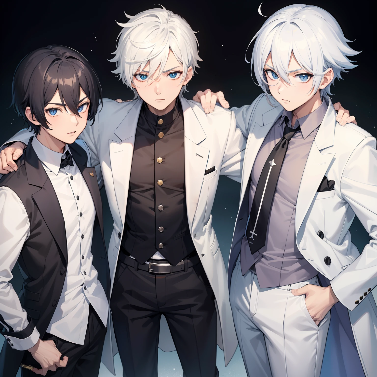 three boys, One of them wears a backwards cap and has black hair, em estilo anime. One of them wears a white suit and white pants with black sneakers and has white hair, em estilo anime. another wears an open white coat and on his head has a crown and on his face has sunglasses and has blond hair. personagem estilo anime, como um personagem de anime, menino anime.