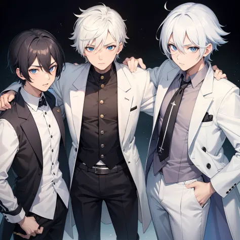 three boys, One of them wears a backwards cap and has black hair, em estilo anime. One of them wears a white suit and white pant...