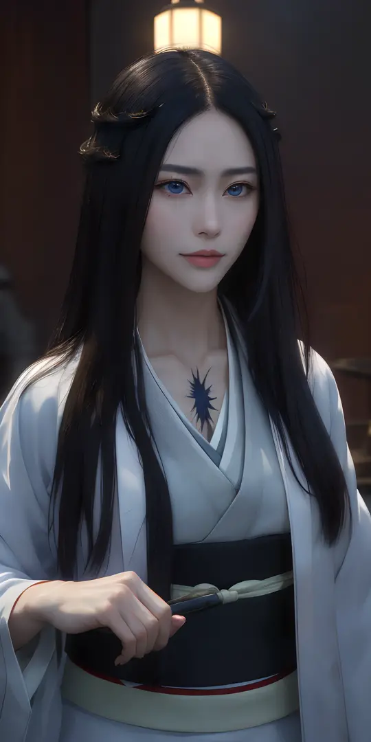 a girl stands alone in a traditional japanese dojo, wearing a beautiful unohana-style attire. her striking blue eyes capture you...