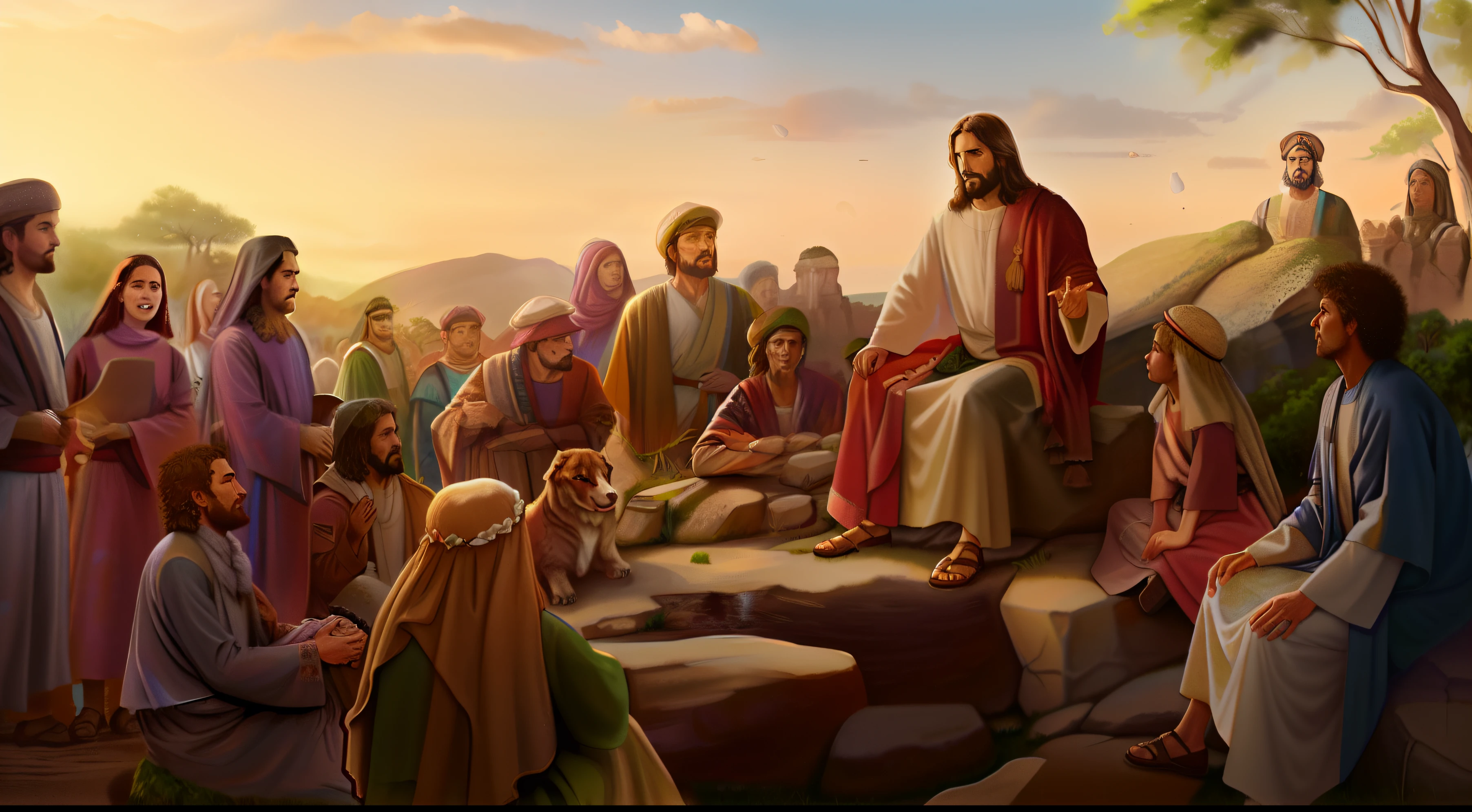 jesus sentado em uma pedra em meio a natureza, Teaching the crowd around you, fundo da imagem  possui uma montanha, arvores ao derredor ((8k realista))