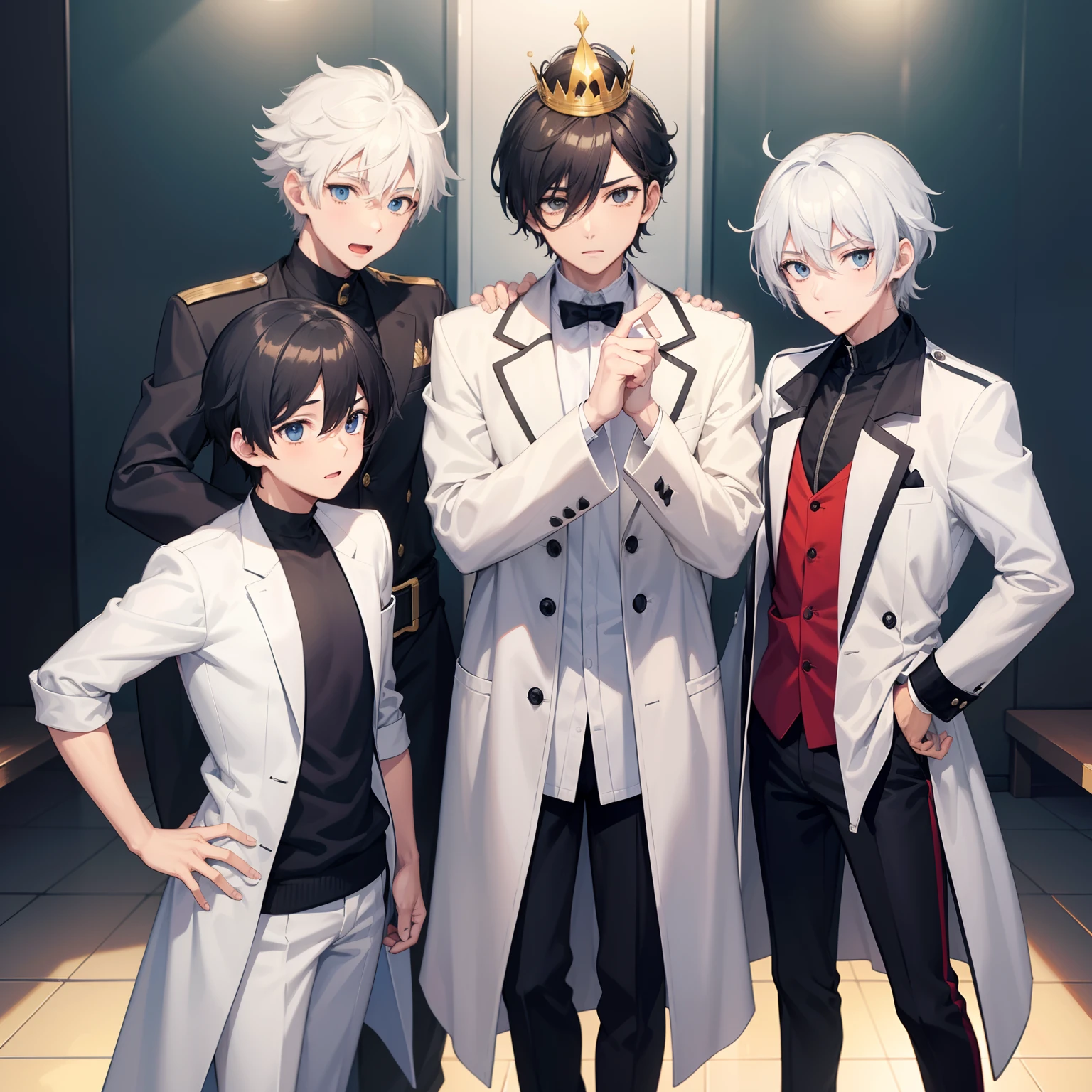 three boys, One of them wears a backwards cap and has black hair, em estilo anime. One of them wears a white suit and white pants with black sneakers and has white hair, em estilo anime. another wears an open white coat and on his head has a crown and on his face has sunglasses and has blond hair. personagem estilo anime, como um personagem de anime, menino anime.