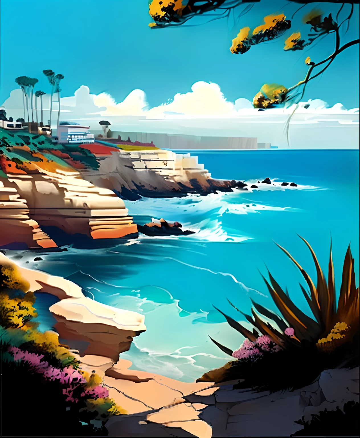 a painting of a view of the ocean and cliffs, by Jerry Weiss, cliffside ocean scene, ocean cliff view, beautiful retro art, by Craig Thompson, by Charles Mahoney, ocean cliff side, kenton nelson, seaside, overlooking the ocean, california coast, mediterranean landscape, by Leo Michelson, mediterranean vista, by Lee Loughridge, scenery artwork