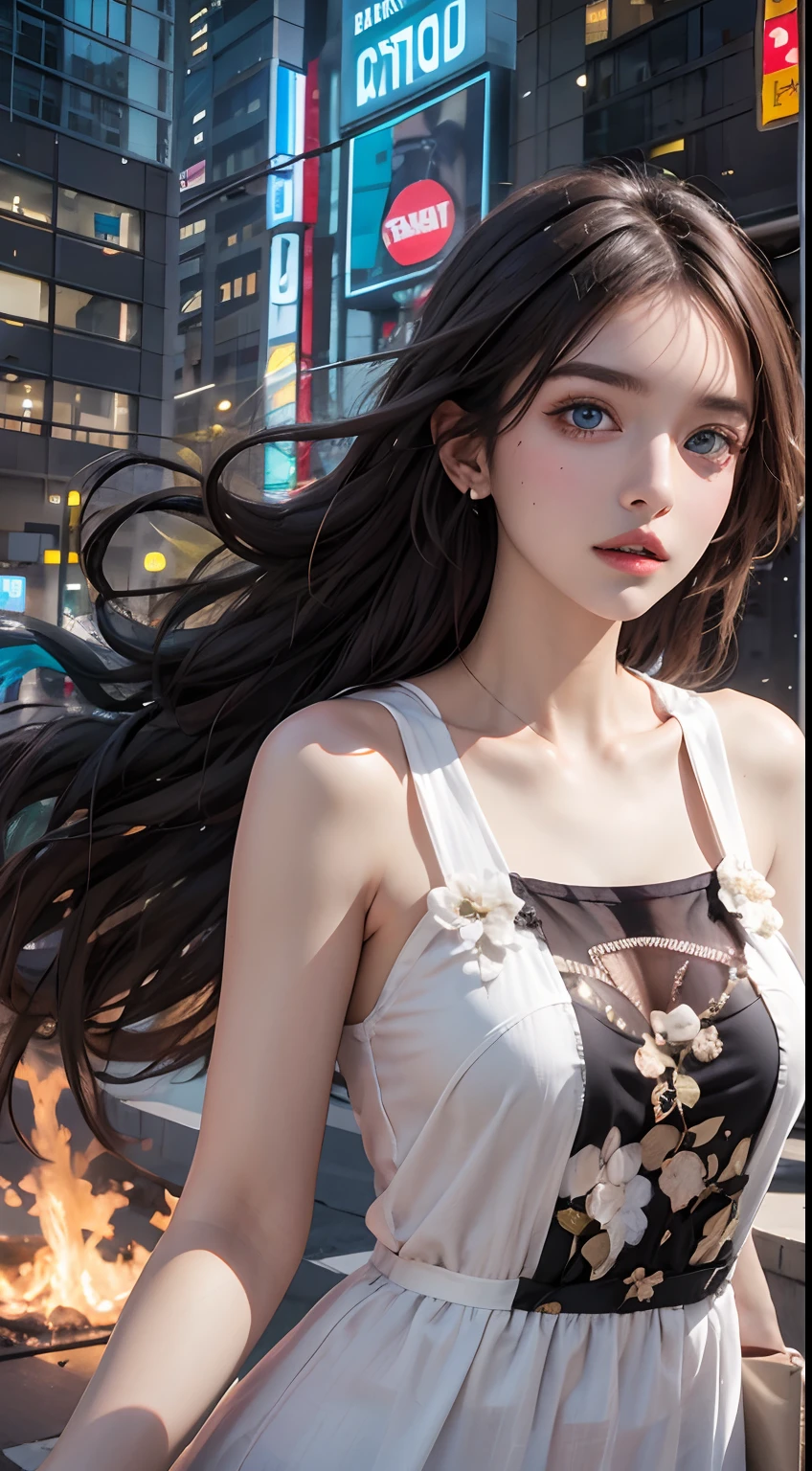 high quality, masterpiece, exquisite, 8k, highly detailed, Digital art, realistic,photo realistic, look at the front,ultra realistic, a 20 years old girl,peaceful face,big eyes,long eyelashes,wearing a white dress,black shoes,(deep blue eyes),(red hair),(short hair),flat chest, (futureristic city), (destroyed city), neon glow,floating many debris