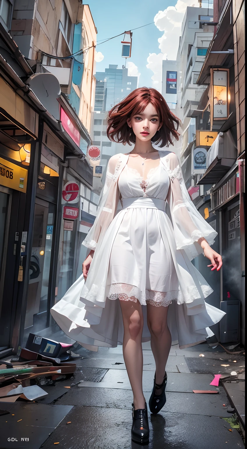 high quality, masterpiece, exquisite, 8k, highly detailed, Digital art, realistic,photo realistic, look at the front,ultra realistic, a 20 years old girl,peaceful face,big eyes,long eyelashes,wearing a white dress,black shoes,(deep blue eyes),(red hair),(short hair),flat chest, (futureristic city), (destroyed city), neon glow,floating many debris