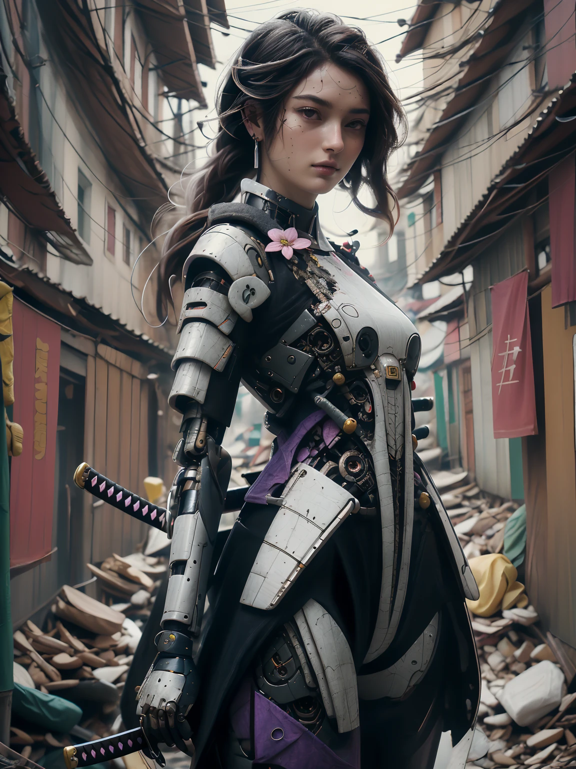 Image franche d&#39;un samouraï cyborg captivant qui ressemble à Gaite Jansen, seulement, cheveux en désordre avec des accents violets, ornements de fleurs, salopette, bottes, armure techwear, Délicat et beau, Âme, Déesse, élémentaire, atmosphérique, Particules luminescentes