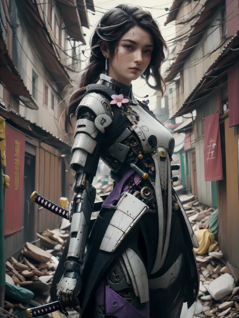Candid still of a captivating cyborg samurai that looks like Gaite Jansen, solo, messy hair with purple accents, flower adornmen...
