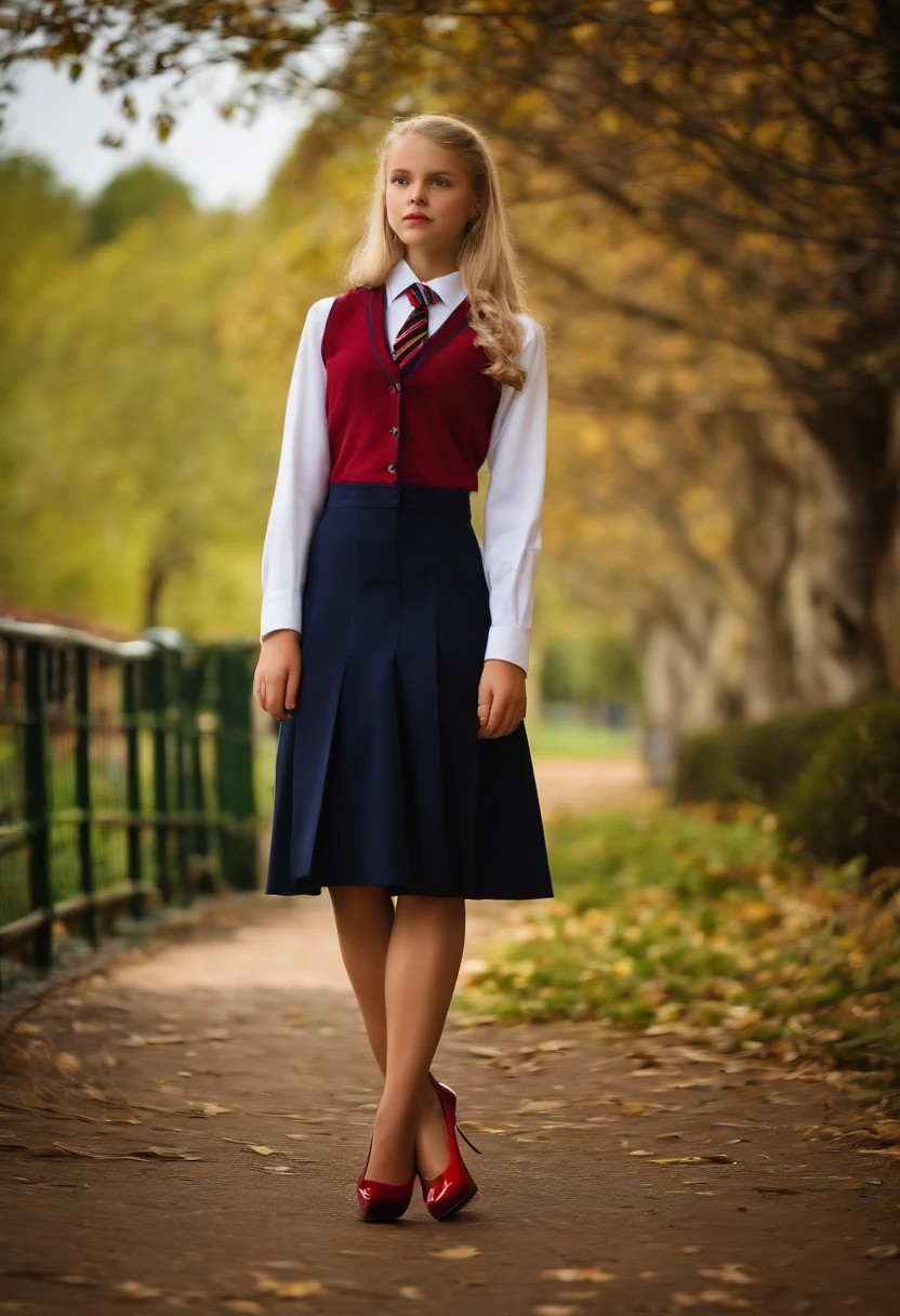 Fille blonde de 13 ans en uniforme scolaire et talons Christian