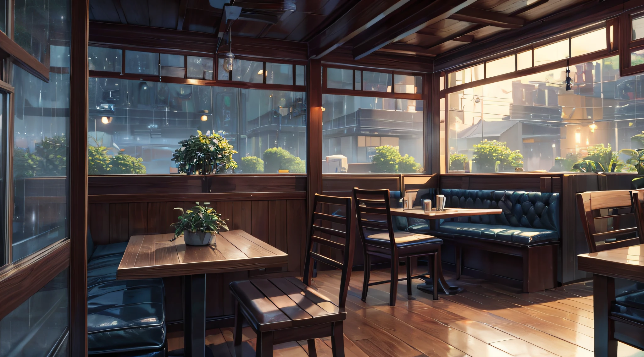Eine magische Szene aus einem kleinen Café an einem regnerischen Nachmittag, Eingefangen von Makoto Shinkai, Sanfte Farbpalette, die die Atmosphäre verstärkt, Lo-Fi-Musiker, der eine einzigartige Klangebene hinzufügt, Atmosphäre der Gelassenheit und Geselligkeit (Bessere Qualität), (8k Auflösung), (ultra highres)